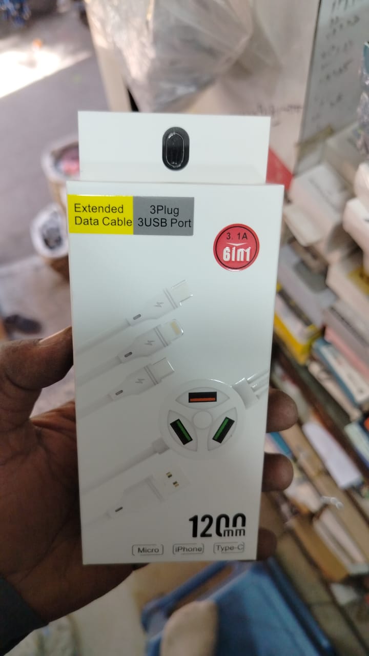 3-in-1 Extended Data cable 3.1 Amp 6 in1 Charging Cable  1200 (Box Packing, 6 Month Warranty)
