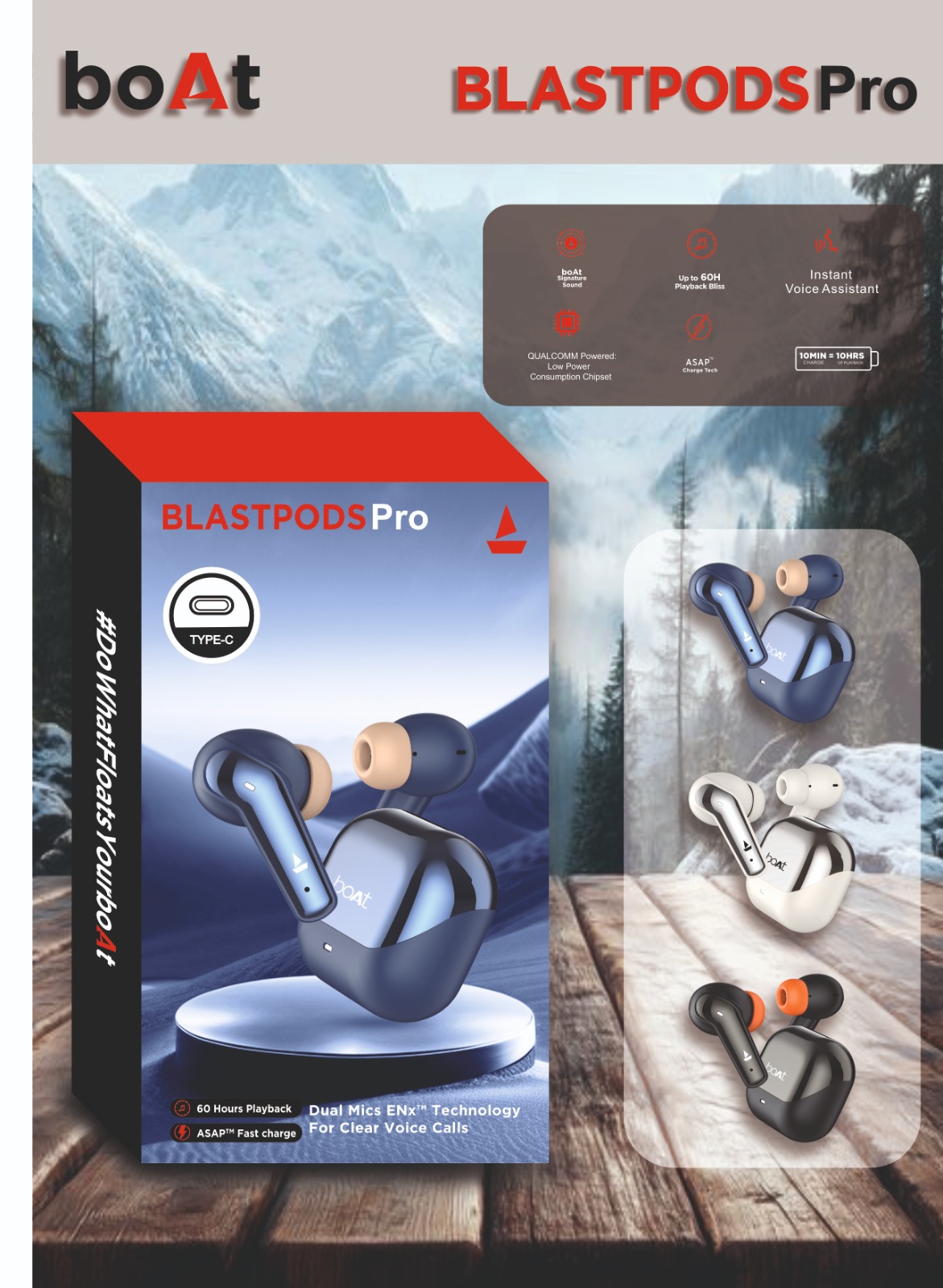 BOAT (BLASTPODS PRO)BUDS Good Sound with Mic 60 HOURS PIAY BACK (Box Packing)